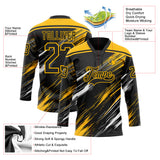 Custom Black Gold-White Diagonal Scratch Brush Stroke Lace Neck Hockey Jersey