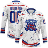 Custom White Royal-Red Stars Paint Splatter Brush Stroke Lace Neck Hockey Jersey