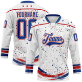 Custom White Royal-Red Stars Paint Splatter Brush Stroke Lace Neck Hockey Jersey