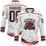 Custom White Black-Red Stars Paint Splatter Brush Stroke Lace Neck Hockey Jersey