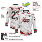 Custom White Black-Red Stars Paint Splatter Brush Stroke Lace Neck Hockey Jersey