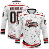 Custom White Black-Red Stars Paint Splatter Brush Stroke Lace Neck Hockey Jersey