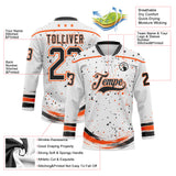 Custom White Black-Orange Stars Paint Splatter Brush Stroke Lace Neck Hockey Jersey