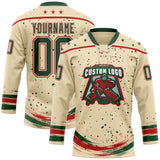 Custom Cream Green-Red Stars Paint Splatter Brush Stroke Lace Neck Hockey Jersey