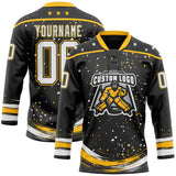Custom Black White-Gold Stars Paint Splatter Brush Stroke Lace Neck Hockey Jersey