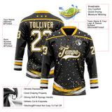 Custom Black White-Gold Stars Paint Splatter Brush Stroke Lace Neck Hockey Jersey