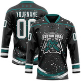 Custom Black White-Teal Stars Paint Splatter Brush Stroke Lace Neck Hockey Jersey