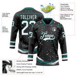 Custom Black White-Teal Stars Paint Splatter Brush Stroke Lace Neck Hockey Jersey