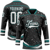 Custom Black White-Teal Stars Paint Splatter Brush Stroke Lace Neck Hockey Jersey