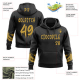 Custom Black-Old Gold Dripping Font Brush Stroke Splatter Sleeve Stripes Pullover Sweatshirt Hoodie