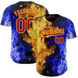 Custom Black Red Blue-Yellow Flame Split Fire Authentic Baseball Jersey