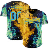 Custom Black Sky Blue Green-Yellow Flame Split Fire Authentic Baseball Jersey