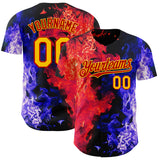 Custom Black Yellow Blue-Red Flame Split Fire Authentic Baseball Jersey