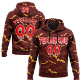 Custom  Maroon Fire Red-White Halloween Bat Pullover Sweatshirt Hoodie
