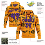 Custom  Gold Purple-Black Halloween Pumpkin Head & Haunted House Bat Pullover Sweatshirt Hoodie