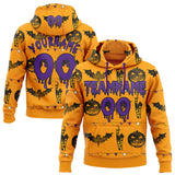 Custom  Gold Purple-Black Halloween Pumpkin Head & Haunted House Bat Pullover Sweatshirt Hoodie