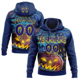 Custom  Blue Dark Purple-Light Yellow Halloween Pumpkin Head & Haunted House Pullover Sweatshirt Hoodie