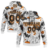 Custom  White Black-Bay Orange Halloween Pumpkin Head & Bat Pullover Sweatshirt Hoodie
