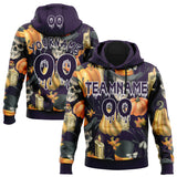 Custom  Black Purple-White Halloween Pumpkin Head Pullover Sweatshirt Hoodie
