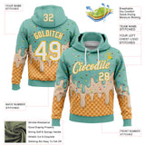 Custom Stitched Ice Blue White-Gold Ice Cream Waffle Foodie Dessert Pullover Sweatshirt Hoodie