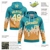 Custom Stitched Aqua White-Gold Ice Cream Waffle Foodie Dessert Pullover Sweatshirt Hoodie