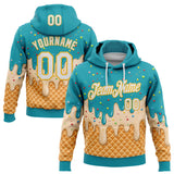 Custom Stitched Aqua White-Gold Ice Cream Waffle Foodie Dessert Pullover Sweatshirt Hoodie