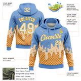 Custom Stitched Light Blue White-Gold Ice Cream Waffle Foodie Dessert Pullover Sweatshirt Hoodie