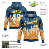 Custom Stitched Teal White-Gold Ice Cream Waffle Foodie Dessert Pullover Sweatshirt Hoodie
