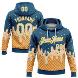 Custom Stitched Teal White-Gold Ice Cream Waffle Foodie Dessert Pullover Sweatshirt Hoodie