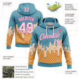 Custom Stitched Mint Aqua White-Pink Ice Cream Waffle Foodie Dessert Pullover Sweatshirt Hoodie
