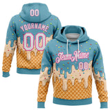 Custom Stitched Mint Aqua White-Pink Ice Cream Waffle Foodie Dessert Pullover Sweatshirt Hoodie