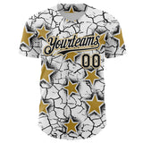 Custom White Black-Old Gold Cracked Pattern Graffiti Stars Authentic Baseball Jersey