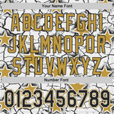Custom White Black-Old Gold Cracked Pattern Graffiti Stars Authentic Baseball Jersey