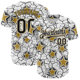 Custom White Black-Old Gold Cracked Pattern Graffiti Stars Authentic Baseball Jersey