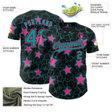 Custom Black Teal-Pink Cracked Pattern Graffiti Stars Authentic Baseball Jersey