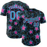 Custom Black Sky Blue-Pink Cracked Pattern Graffiti Stars Authentic Baseball Jersey