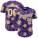Custom Purple White-Gold Cracked Pattern Graffiti Stars Authentic Baseball Jersey