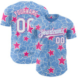 Custom Light Blue White-Pink Cracked Pattern Graffiti Stars Authentic Baseball Jersey