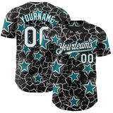 Custom Black White-Teal Cracked Pattern Graffiti Stars Authentic Baseball Jersey