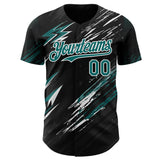 Custom Black Teal-White Diagonal Grunge Brush Stroke Halftone Authentic Baseball Jersey