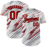 Custom White Red Gray-Black Diagonal Grunge Brush Stroke Halftone Authentic Baseball Jersey