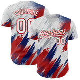 Custom White Gray Red-US Navy Blue Diagonal Grunge Brush Stroke Halftone Authentic Baseball Jersey