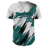Custom White Teal Gray-Black Diagonal Grunge Brush Stroke Halftone Authentic Baseball Jersey