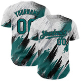 Custom White Teal Gray-Black Diagonal Grunge Brush Stroke Halftone Authentic Baseball Jersey