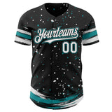 Custom Black White-Teal Stars Paint Splatter Brush Stroke Authentic Baseball Jersey