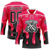 Custom Hot Pink Black-White Melting Dripping Strawberry Lace Neck Hockey Jersey