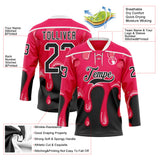 Custom Hot Pink Black-White Melting Dripping Strawberry Lace Neck Hockey Jersey