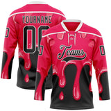 Custom Hot Pink Black-White Melting Dripping Strawberry Lace Neck Hockey Jersey