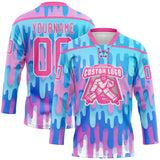 Custom Blue Pink-White Melting Gradient Liquid Lace Neck Hockey Jersey