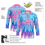 Custom Blue Pink-White Melting Gradient Liquid Lace Neck Hockey Jersey